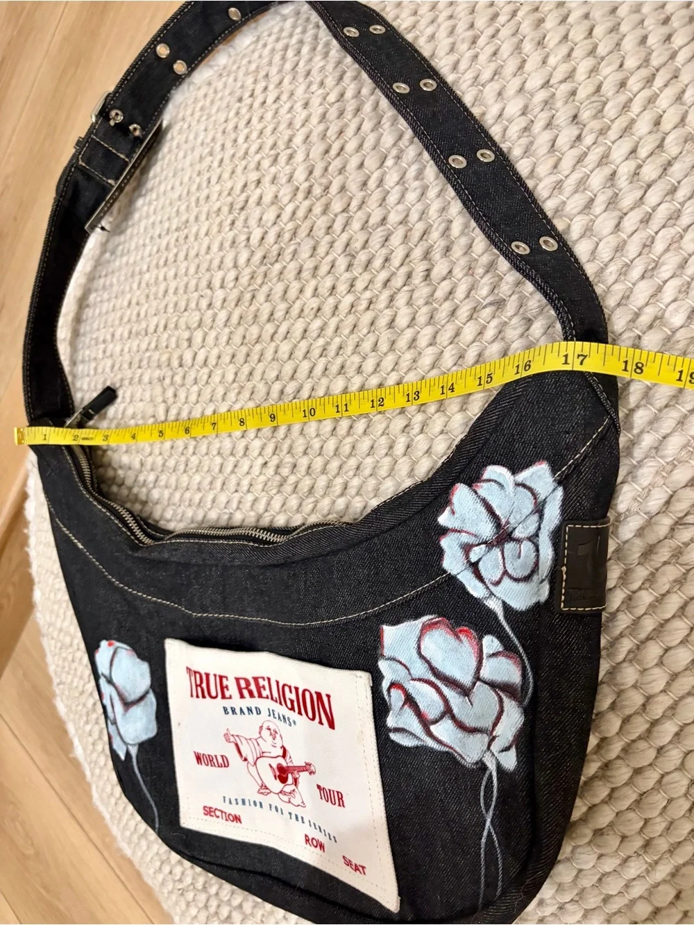 Hand Painted Black Denim True Religion Hobo Bag