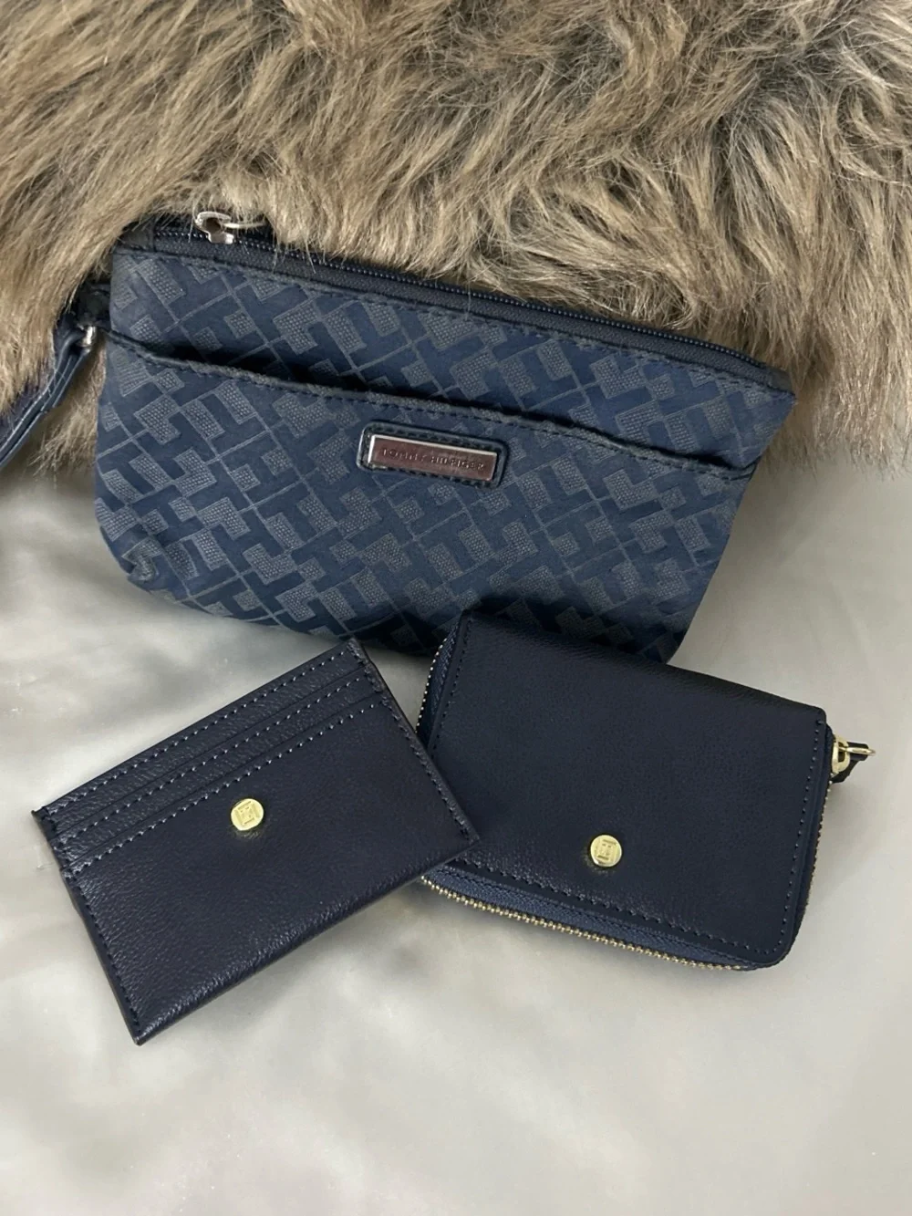 Tommy Hilfiger Navy Monogram Wristlet with Wallet Set