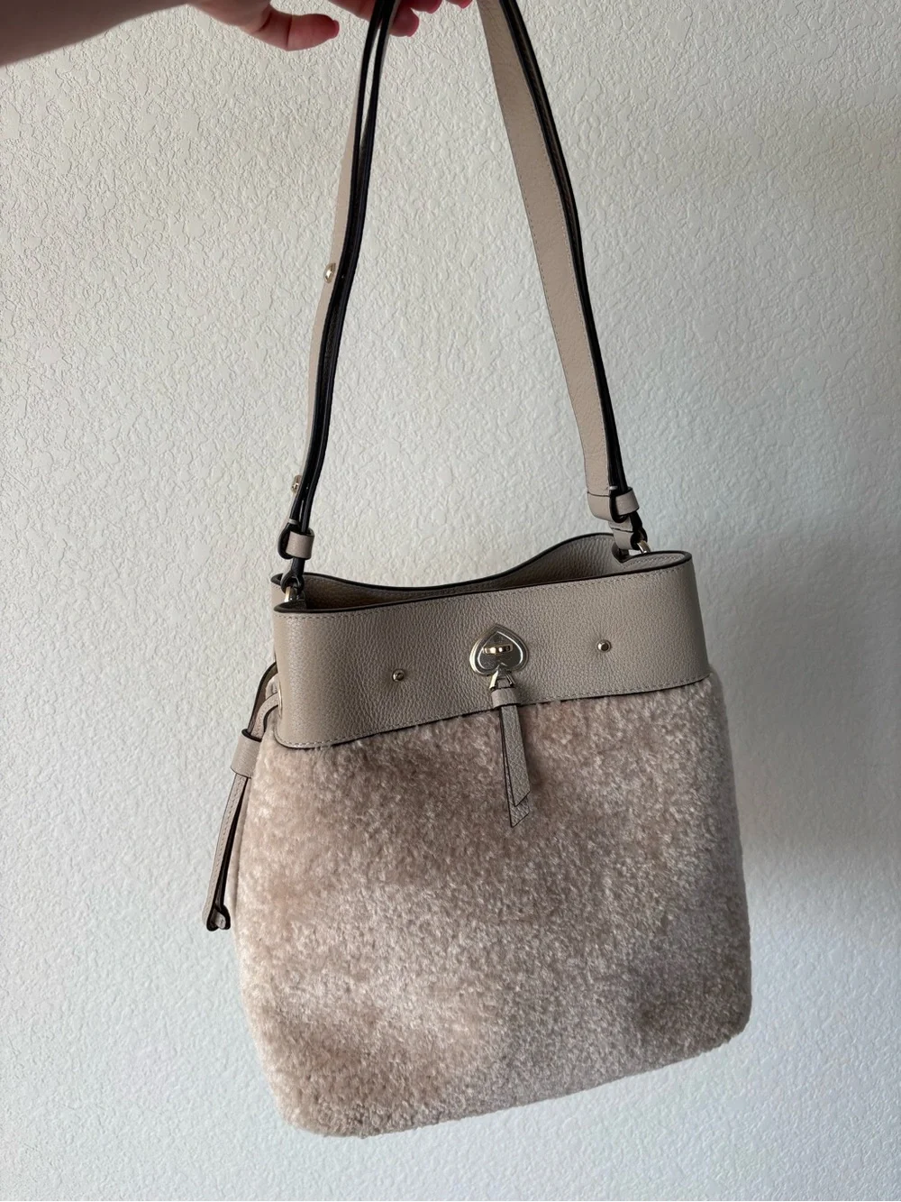 kate spade Beige Shearling & Pebbled Leather Shoulder Bag