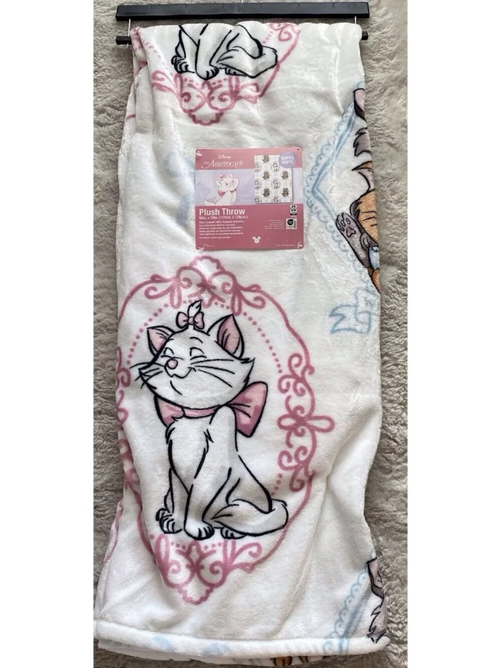 Disney The Aristocats Marie Toulouse & Berlioz White Plush Throw Blanket 50”x70”
