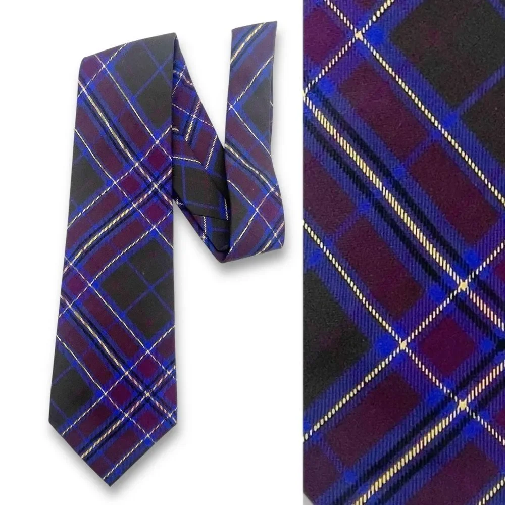 Polo Ralph Lauren Silk Tie Sporty Prep Navy Plum Black Plaid Classic Necktie
