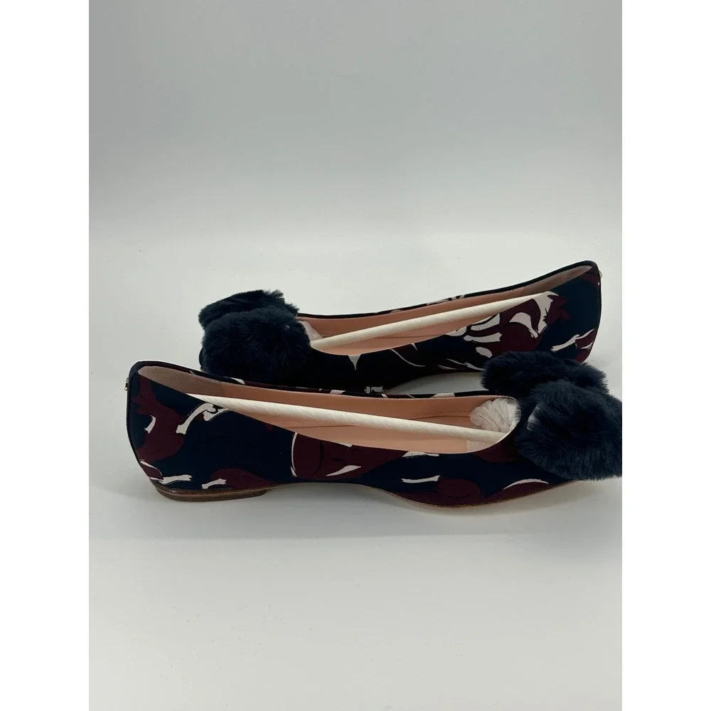 Kate Spade Elen Flats Size 8 Navy‎ Multi Fox Print Pom Pom New In Box