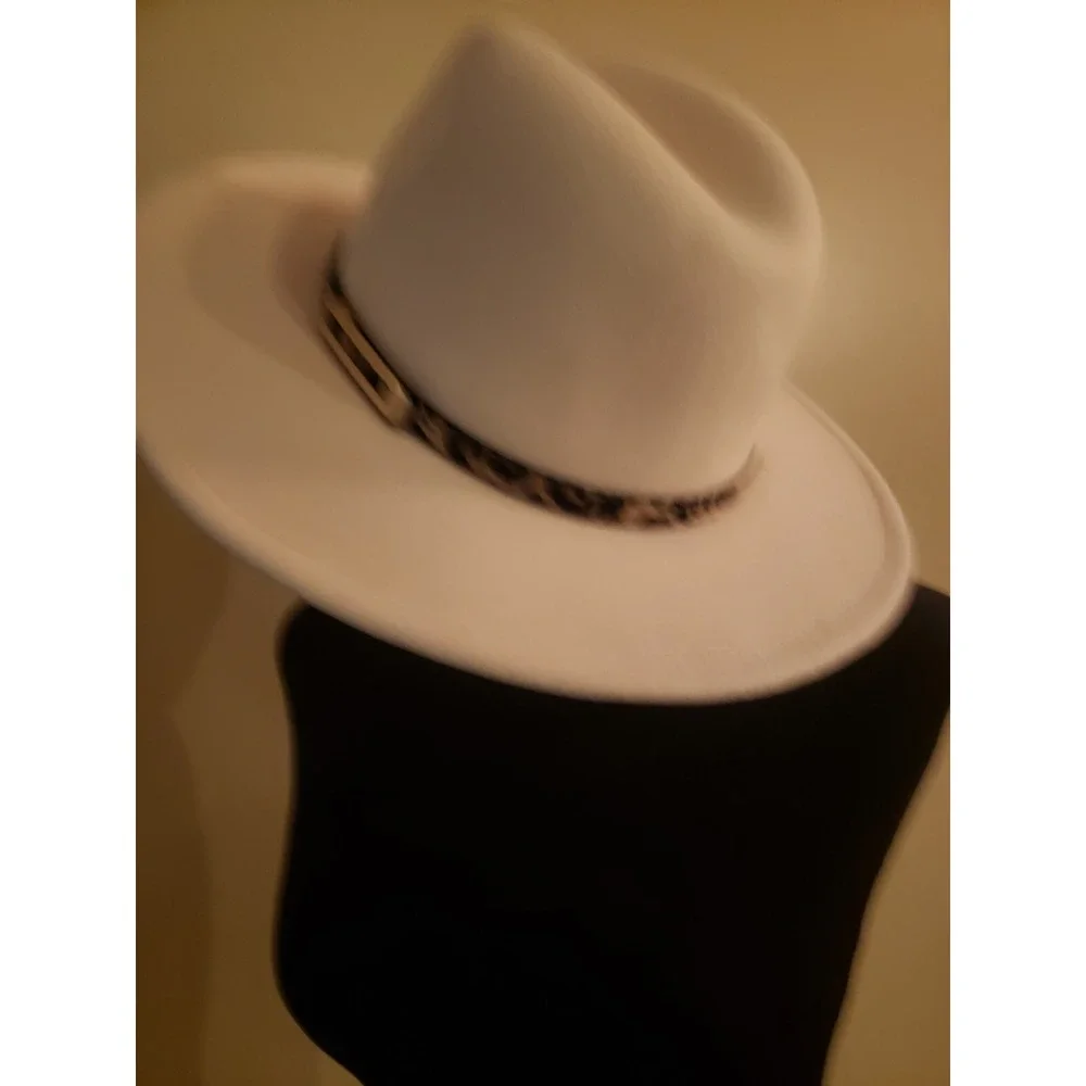 New Mud Pie Women's Fedora Hat Cream Felt, Leopard Band Western Style Adjustable