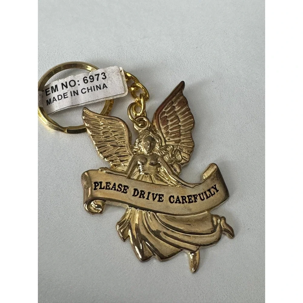 2003 Guardian Angel Keychain Gold Tone Please Drive Carefully‎ Charm 6973 NEW