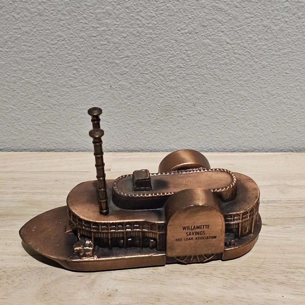 Vintage Banthrico Copper Tone Metal Steamboat Coin Bank