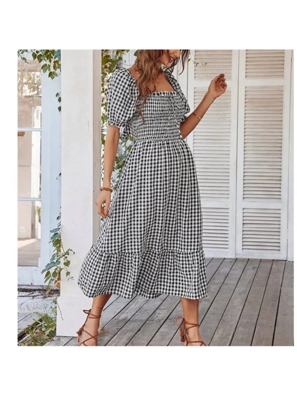 Women's Boho Tie Back Dress Beach Flowy Ruffle Midi Long