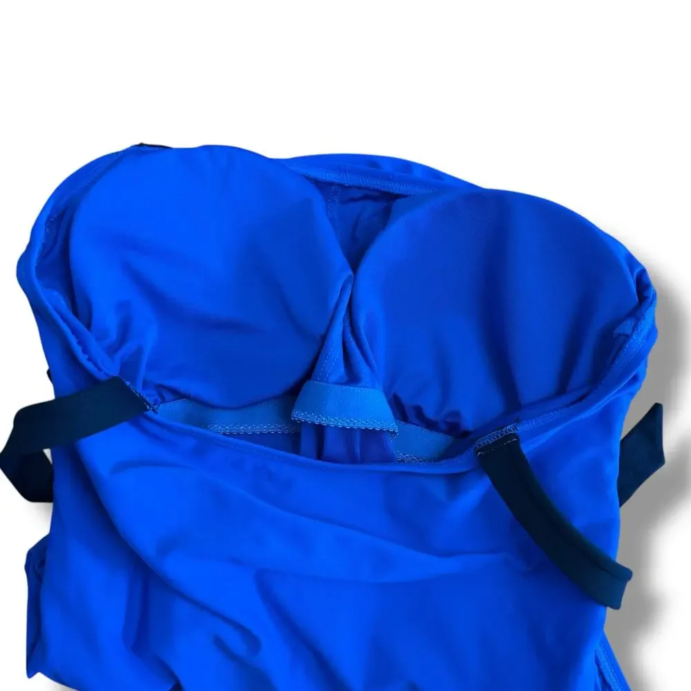 Kate Spade One Piece Swimsuit Women’s 6 Blue Black Tie Straps Ruched Padded Cups