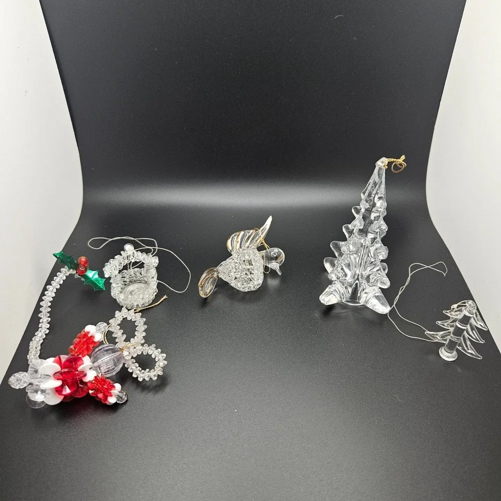 Vintage Clear Glass & Beaded Christmas Ornament Lot Tree Bird Basket‎ Mixed