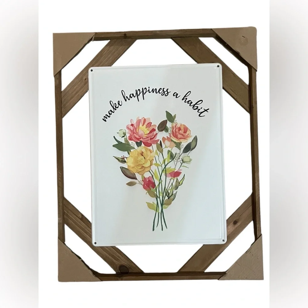 Farmhouse Floral Metal Wall Sign 21×17 “Make Happiness a Habit” Wood Fram