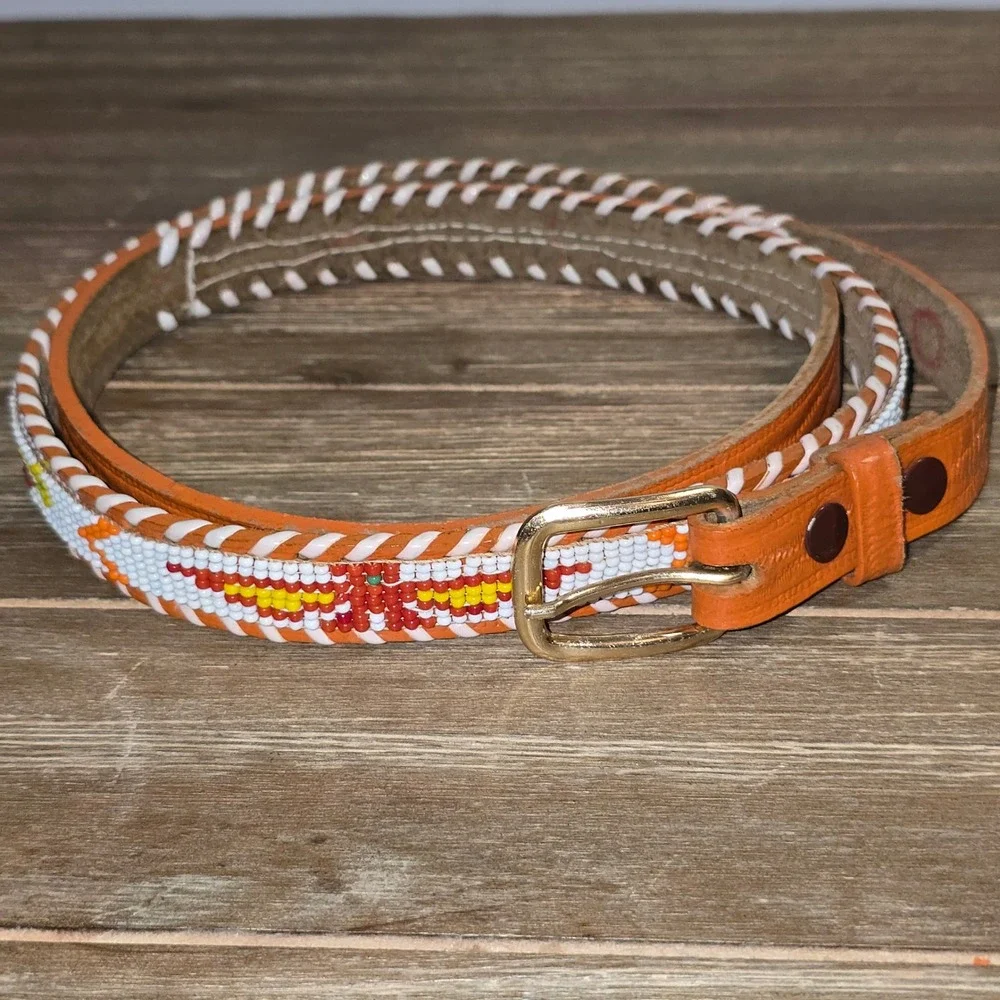 Vintage Orange Leather Beaded Belt 36 Western Thunderbird Hand Laced Boho