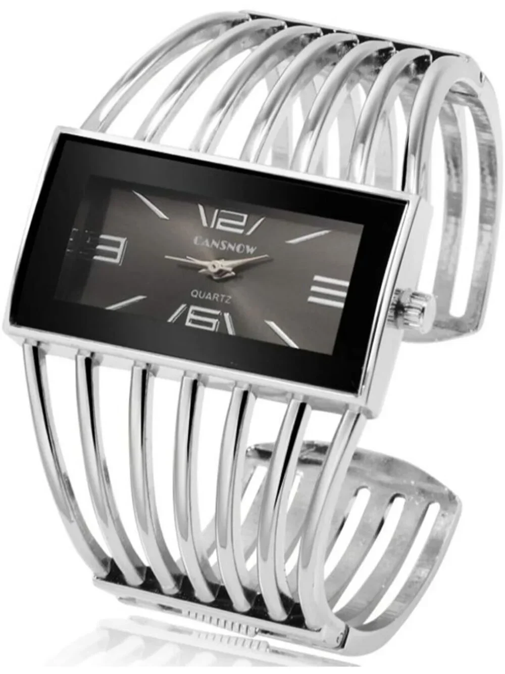 Women's Silver Analog Quartz Rectangular Dial Hollow Luxury Cuff Bracelet Watch