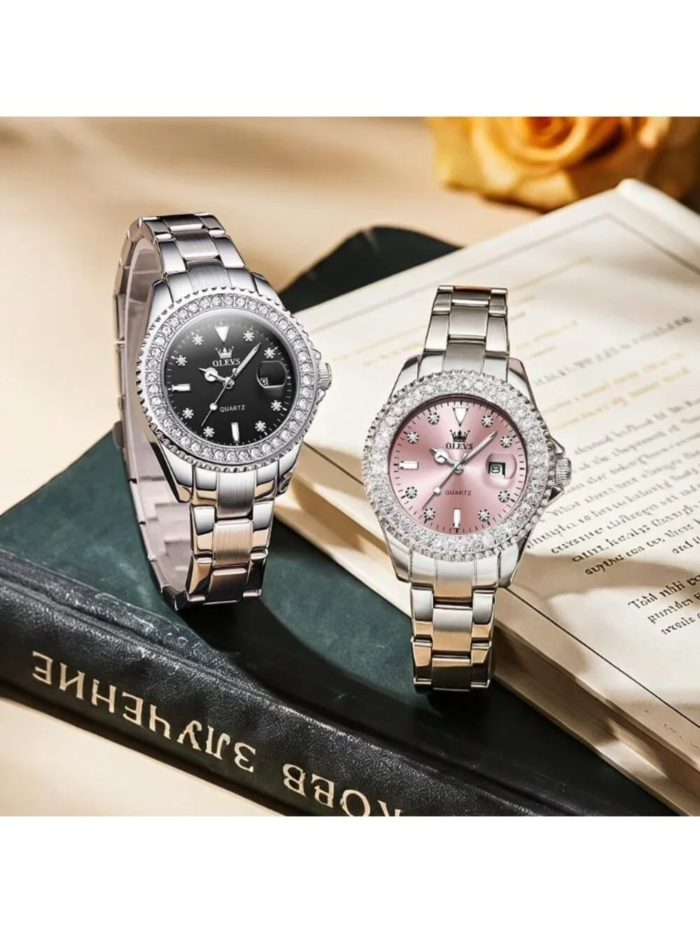 Women's Black Luxury Diamond with Date Analog Quartz Waterproof Wrist Watch