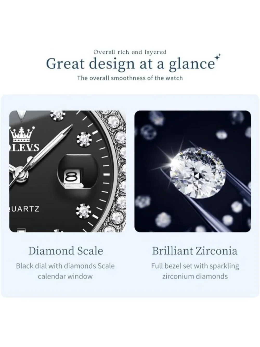 Women's Black Luxury Diamond with Date Analog Quartz Waterproof Wrist Watch
