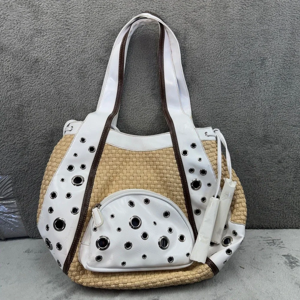 Sharif Studio Straw Hobo Bag Women Large‎ White Beige Good Woven Grommet Tote