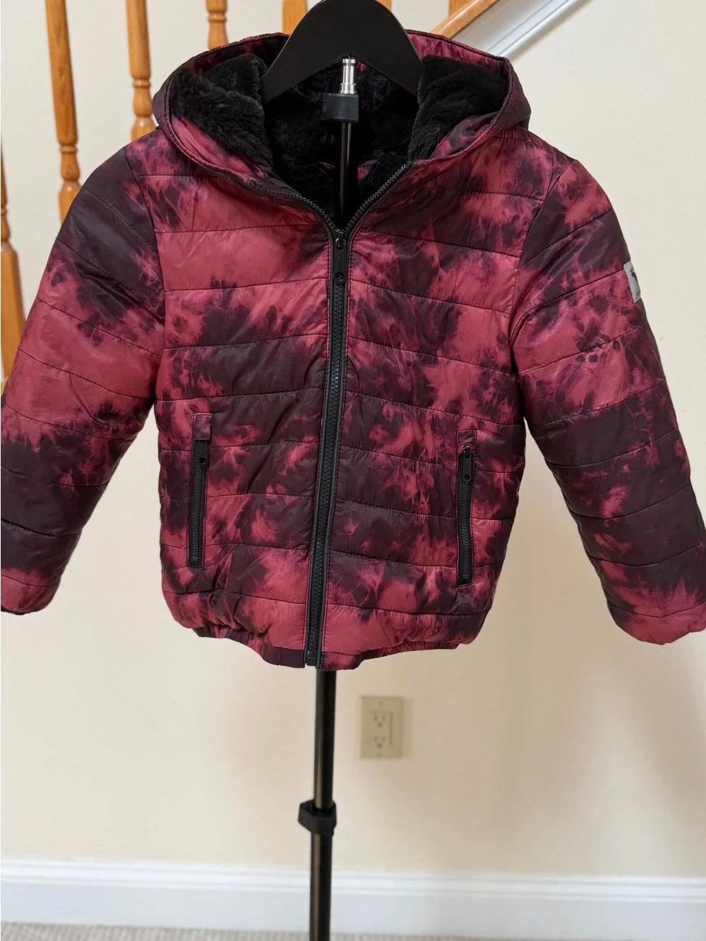 abercrombie kids Maroon & Black Tie-Dye Puffer Jacket with Hood