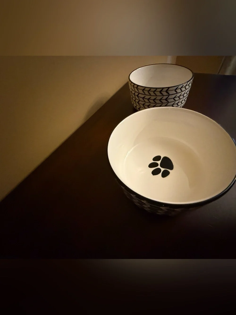 Black & White Paw-Print Stoneware Ceramic Dog Bowl Set cleaned and sanitized.