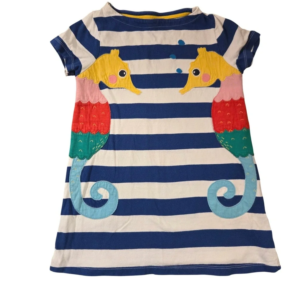 Mini‎ Boden Girls Blue White Striped Seahorse Applique Jersey Dress 6-7Y