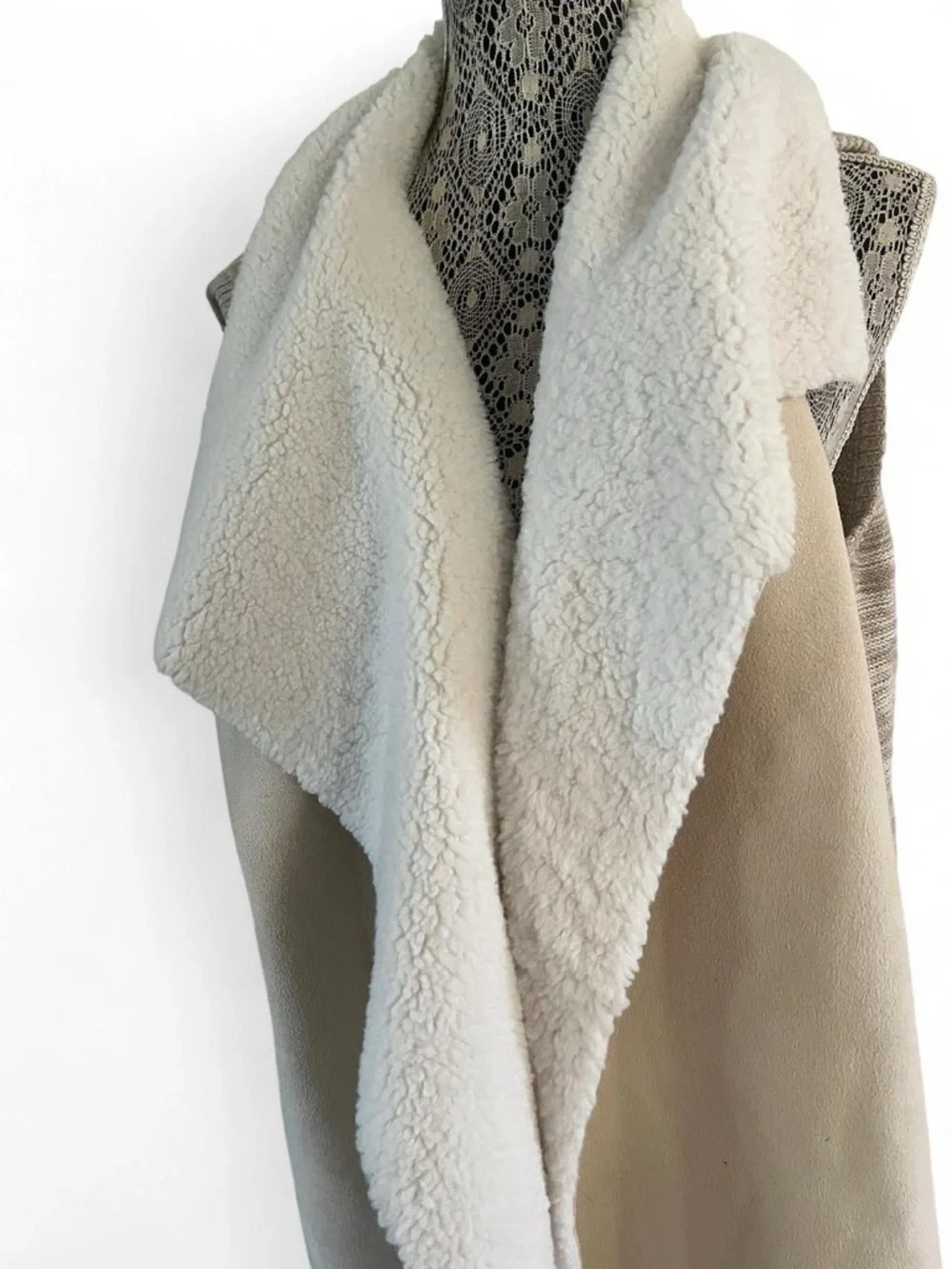 Cozy Cream Sherpa-Trim Draped Wrap Vest