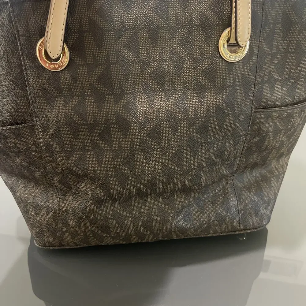 Michael Kors Jet Set MK Logo Brown Leather Tote Bag Purse