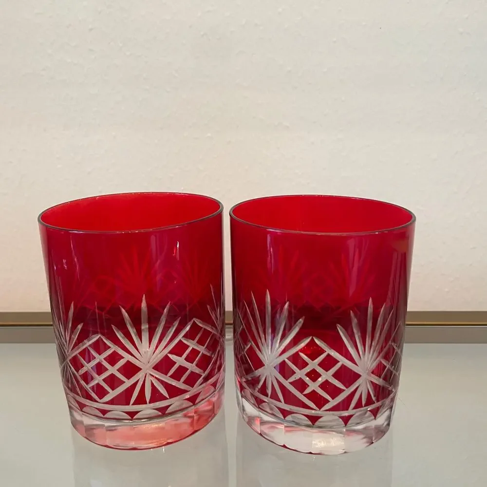 Set of 4 RED Double Old Fashioned Glasses Luxe Christmas Holiday Barware NEW
