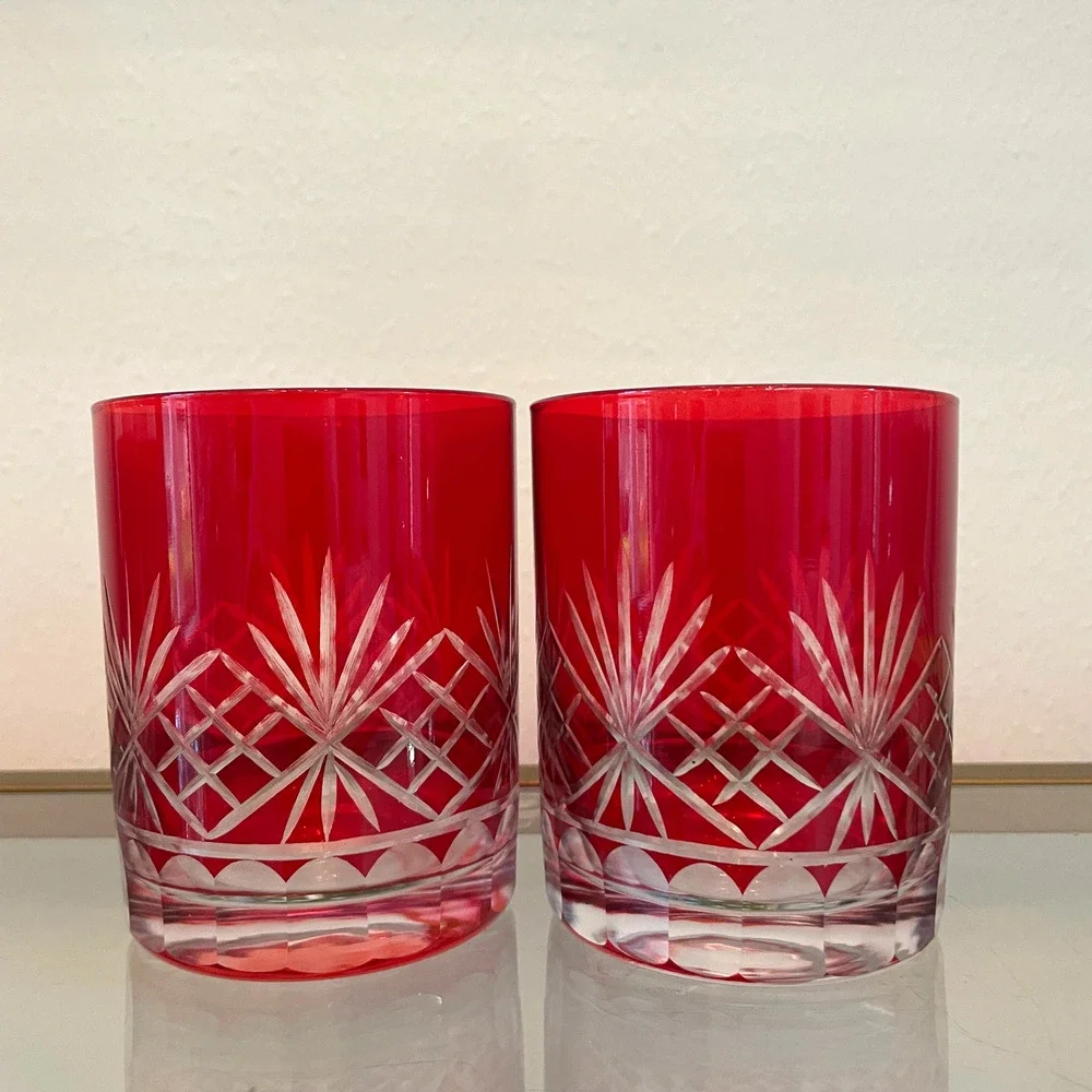 Set of 4 RED Double Old Fashioned Glasses Luxe Christmas Holiday Barware NEW