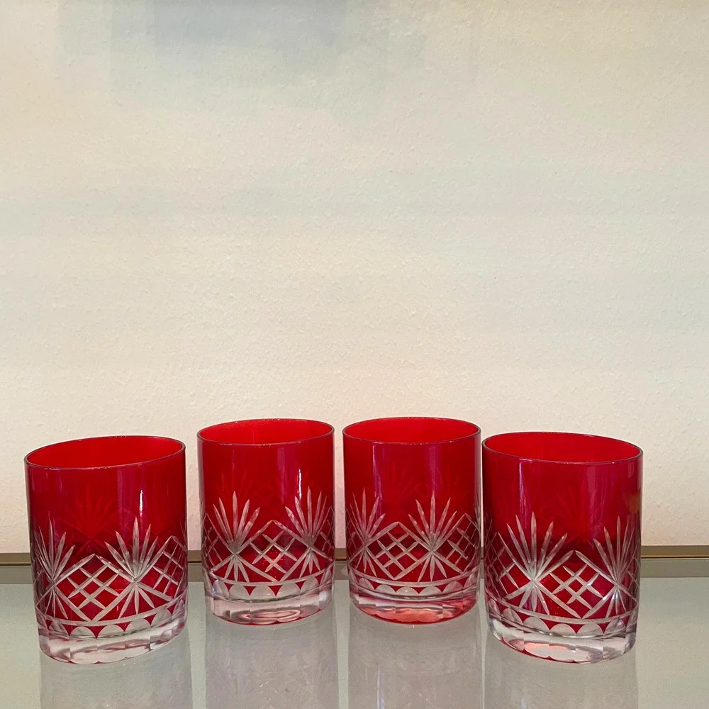 Set of 4 RED Double Old Fashioned Glasses Luxe Christmas Holiday Barware NEW