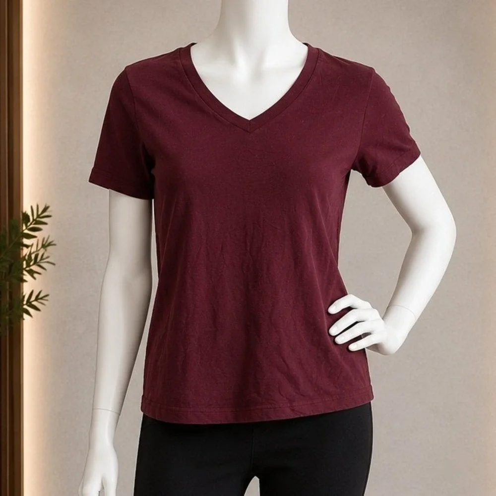 Banana Republic Mens T-Shirt Eco Premium Wash V-Neck Burgundy Medium