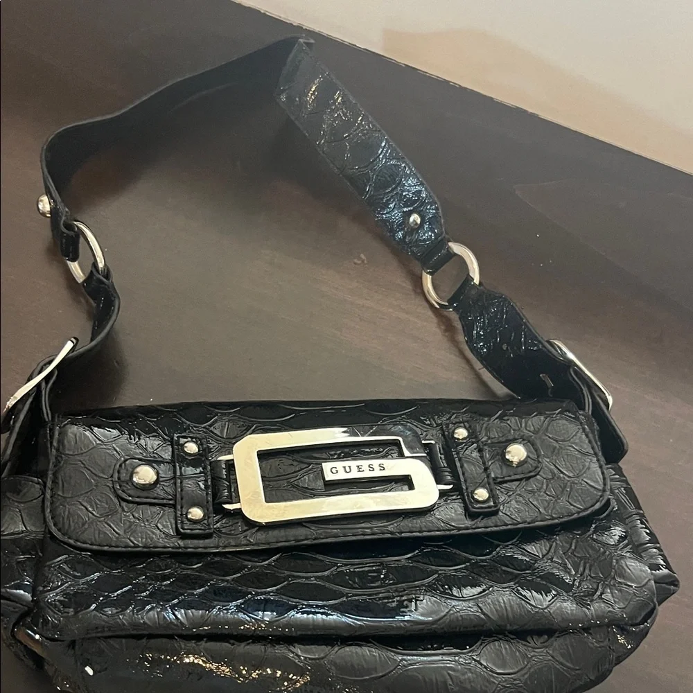 GUESS Shiny Black Croc-Embossed Shoulder Bag with Silver Hardware