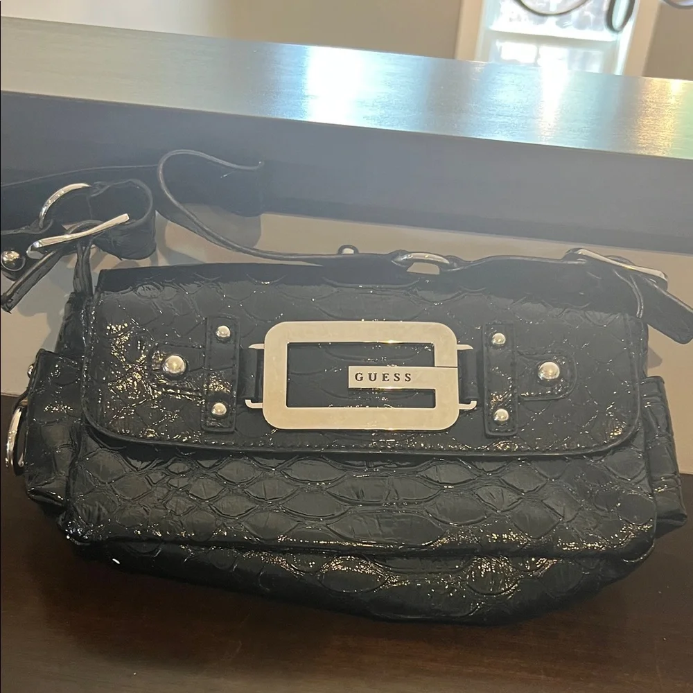 GUESS Shiny Black Croc-Embossed Shoulder Bag with Silver Hardware