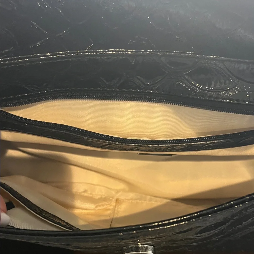 GUESS Shiny Black Croc-Embossed Shoulder Bag with Silver Hardware