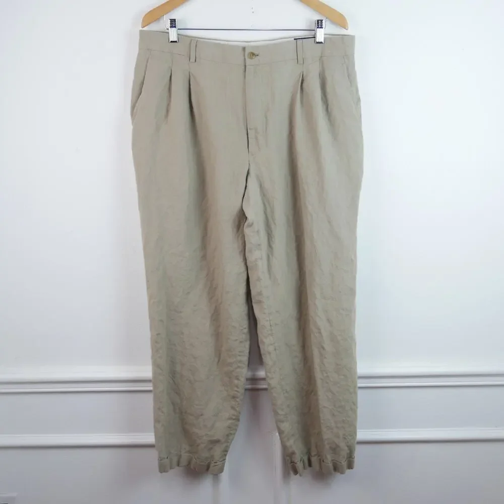 J Crew 100% Linen Trousers Pleated Pants Cuff Hem 38 x 30‎ Preppy Heritage FLAW