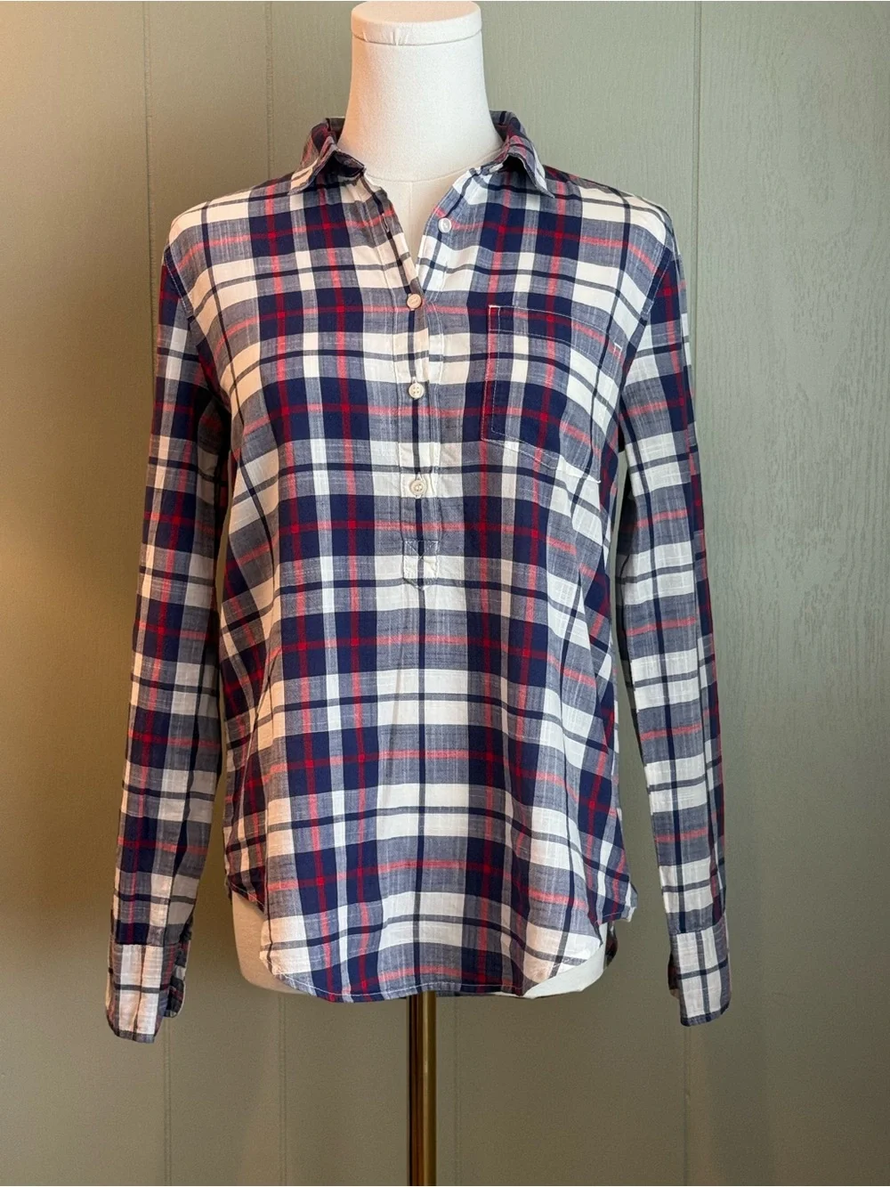J. Crew Women’s Plaid Long-Sleeve Half Button-Down Popover Size XS 100% Cotton