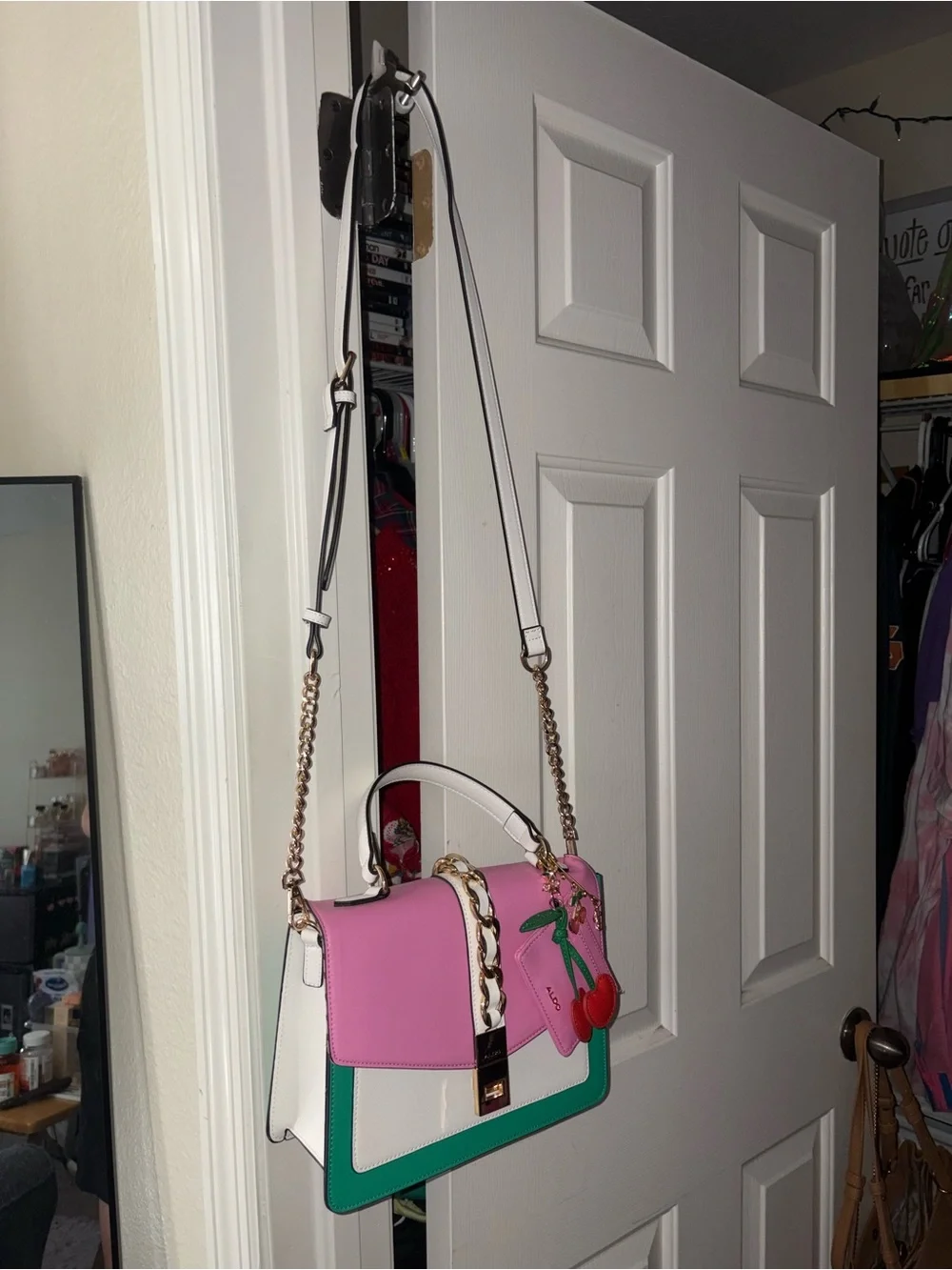 Aldo Pink, Green & White Colorblock Top-Handle Satchel/ Crossbody Purse