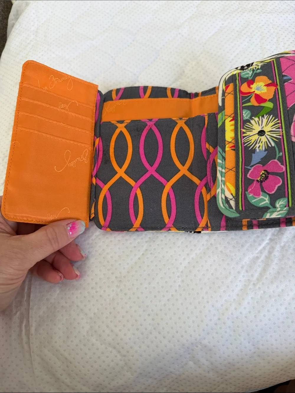 Vera Bradley Quilted Floral Trifold Wallet in Pink, Yellow, Orange & Green