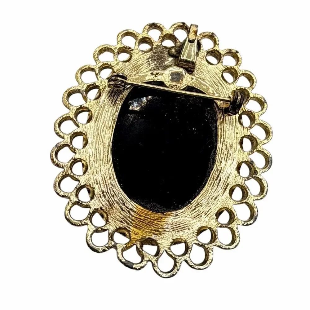 Vintage Black Glass Cameo Brooch Pendant