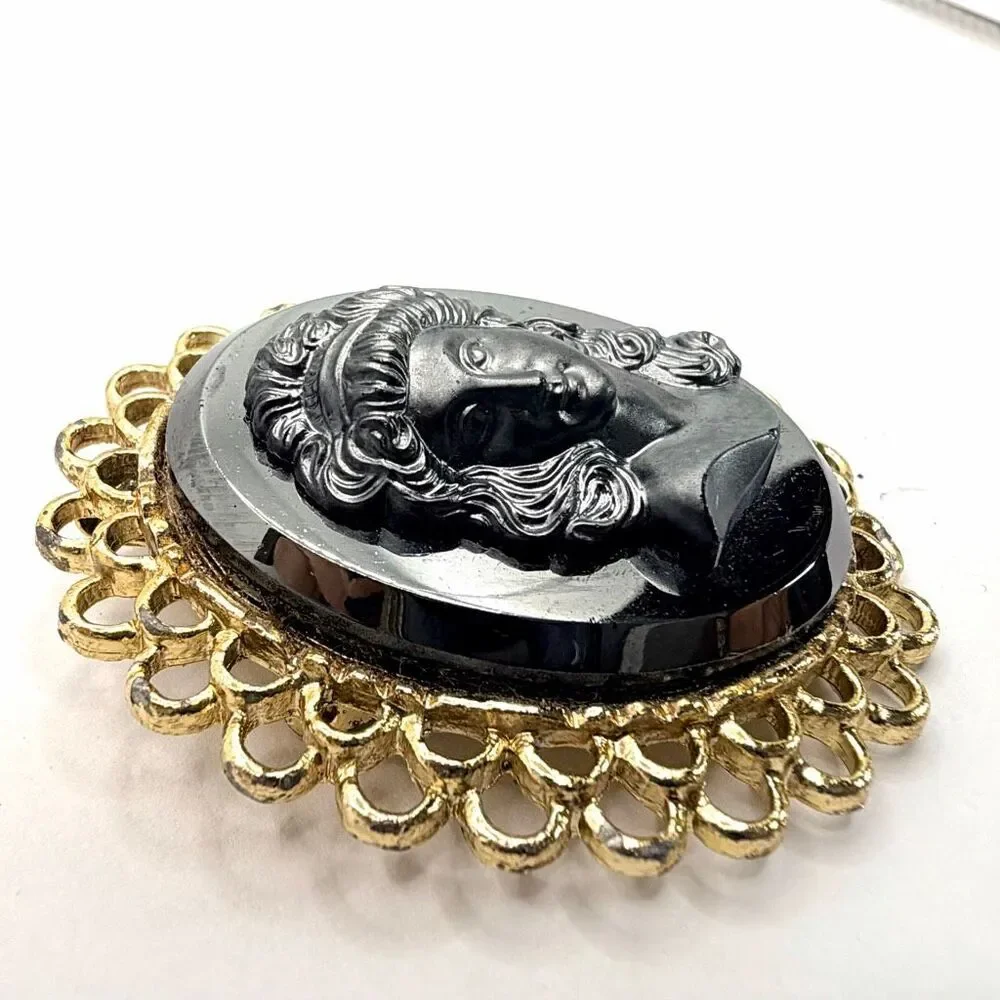 Vintage Black Glass Cameo Brooch Pendant