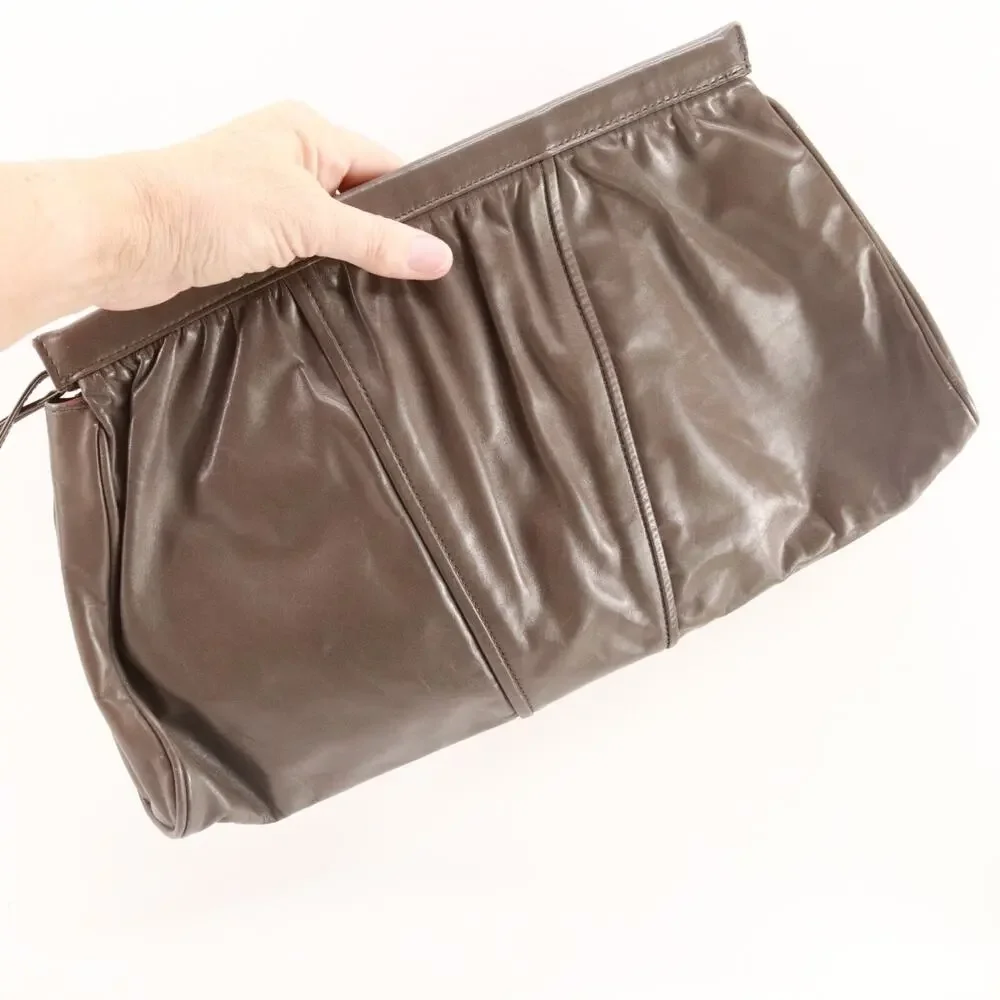Vintage Alexanders Handbag Women L Ash Brown Smooth Leather Pleated Clutch Bag
