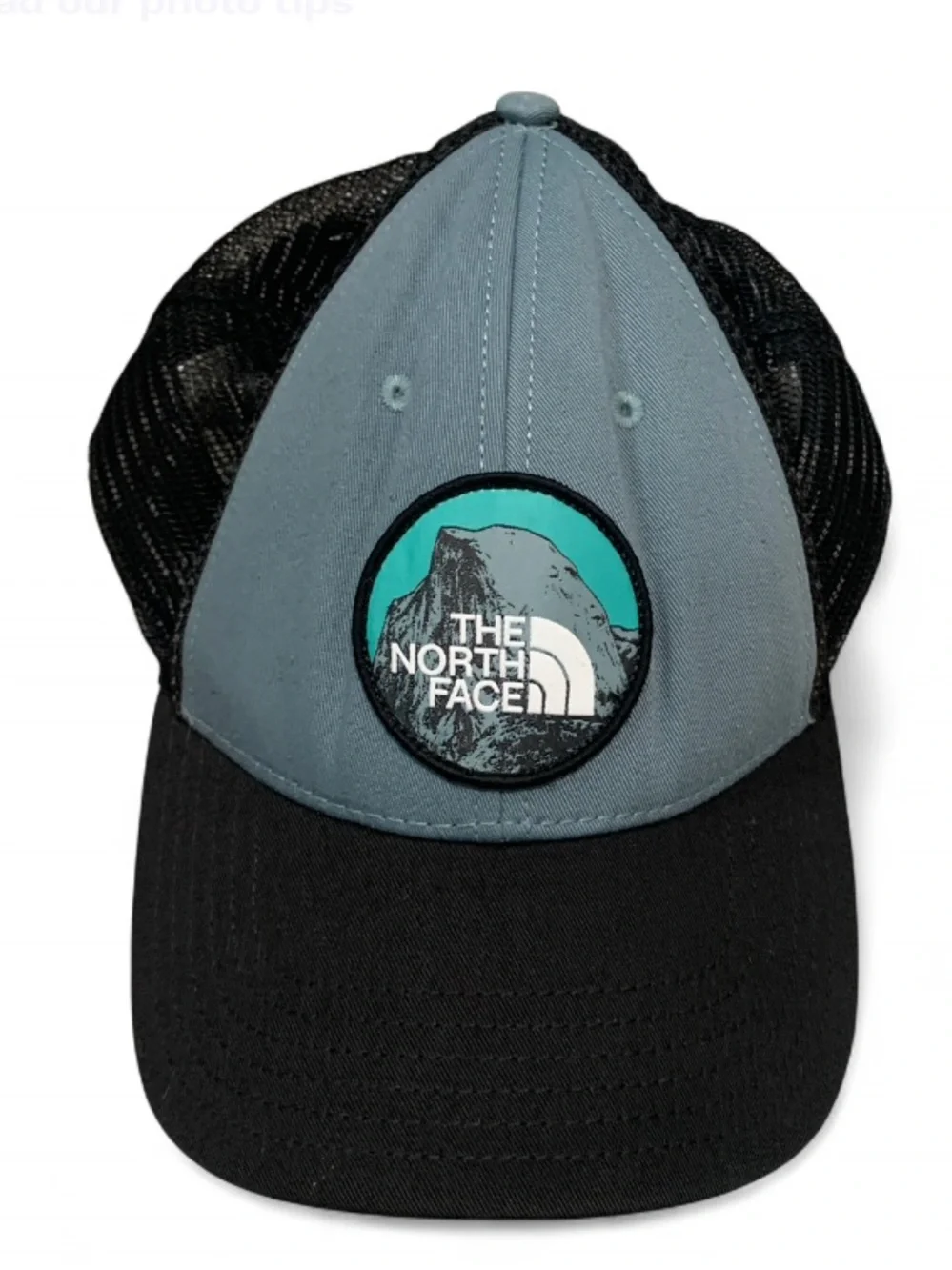 The North Face Mountain Graphic Blue Black Mesh Back Trucker Hat