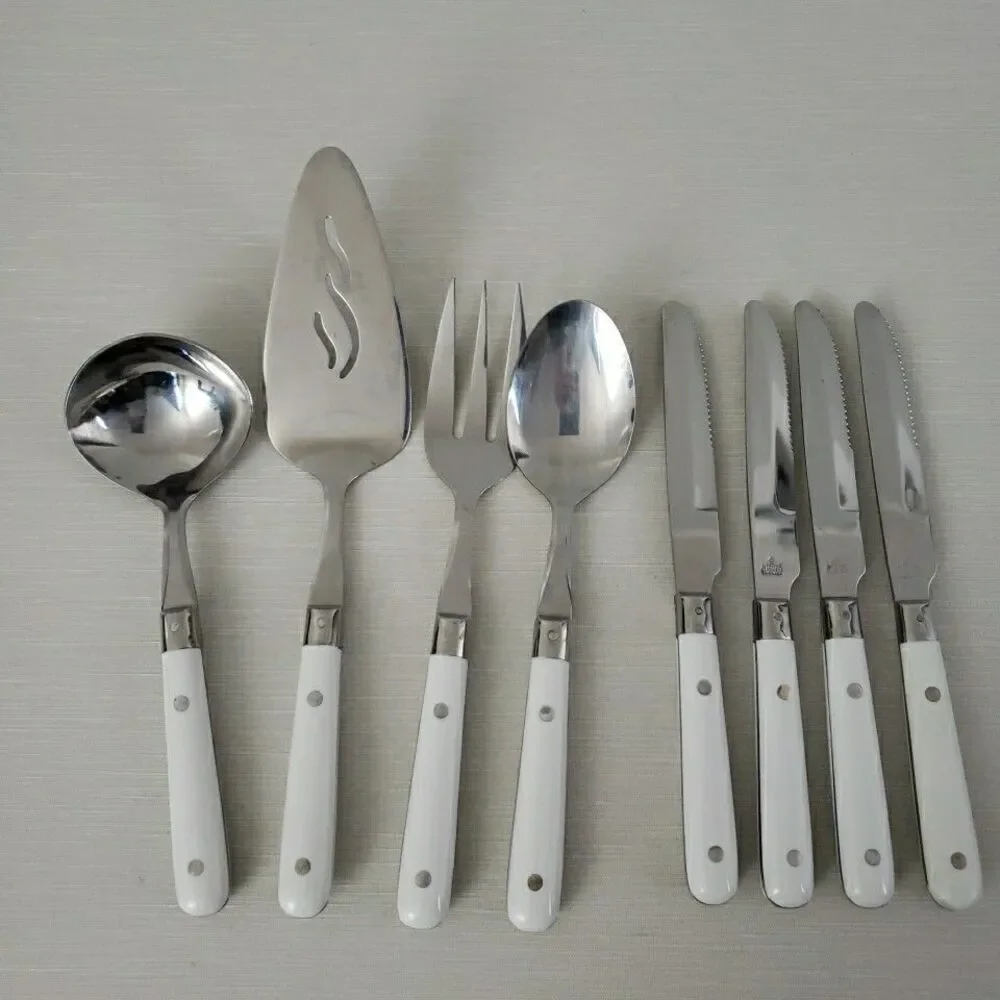 Lifetime Stainless Serving Utensil & 4 Dinner Knives Rivet White Handle Thailand