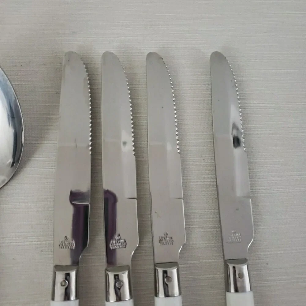 Lifetime Stainless Serving Utensil & 4 Dinner Knives Rivet White Handle Thailand