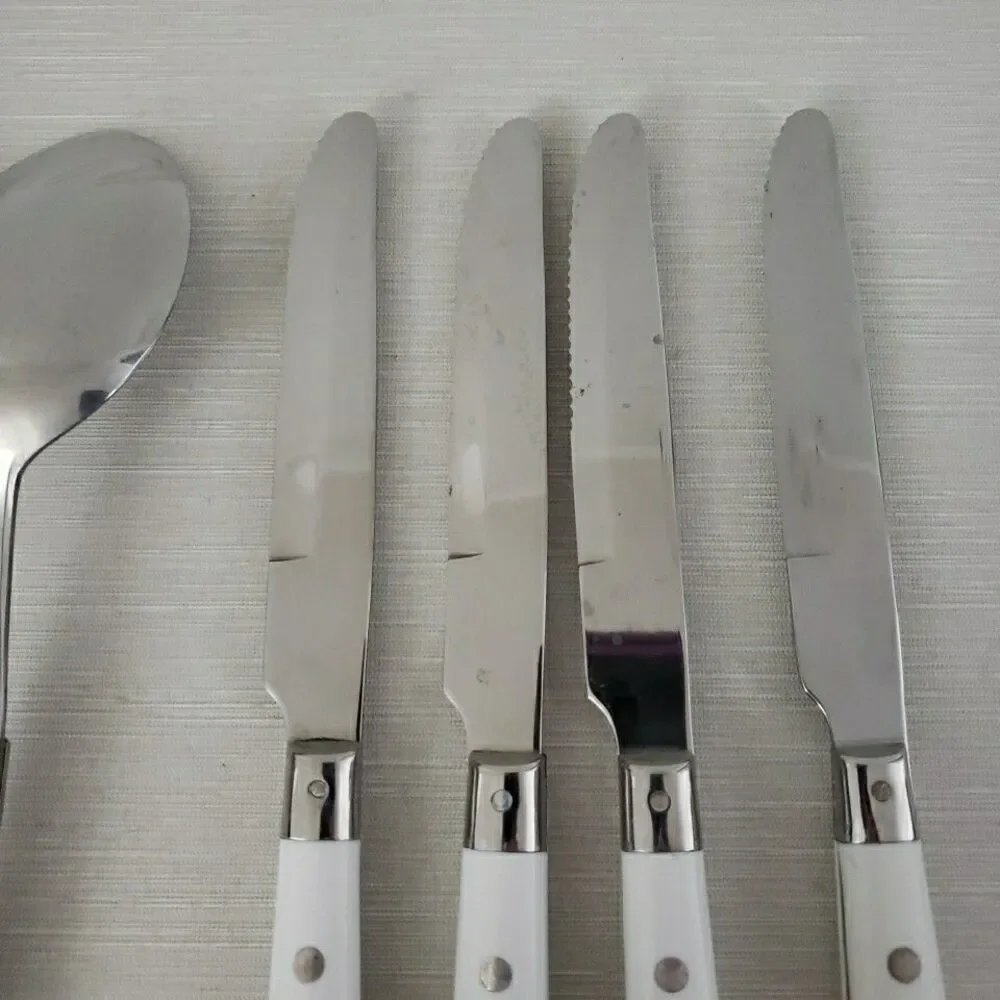 Lifetime Stainless Serving Utensil & 4 Dinner Knives Rivet White Handle Thailand