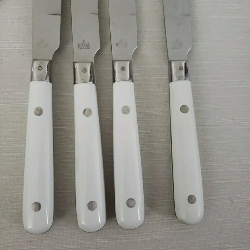 Lifetime Stainless Serving Utensil & 4 Dinner Knives Rivet White Handle Thailand