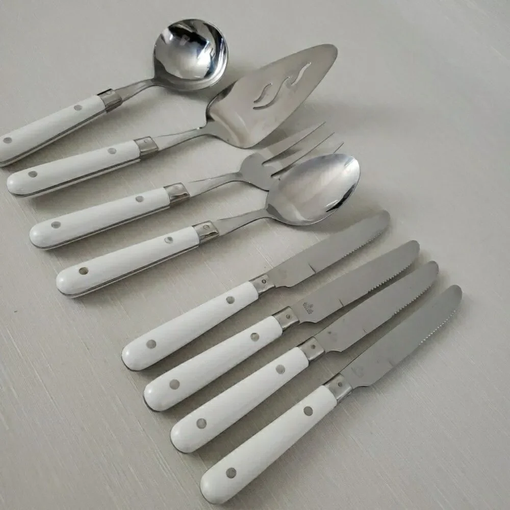 Lifetime Stainless Serving Utensil & 4 Dinner Knives Rivet White Handle Thailand