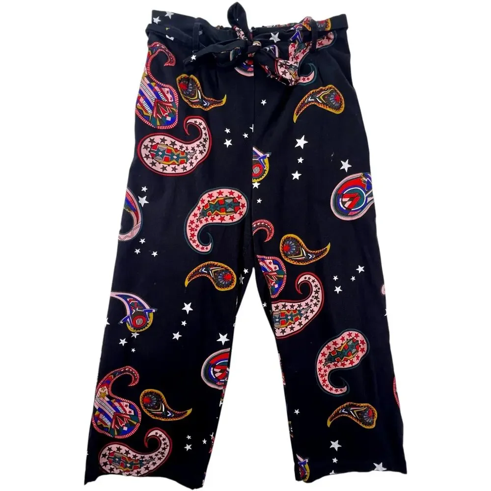 Paisley Star Print Matching Set Womens M Black Pajama Style Indie Cropped Pants