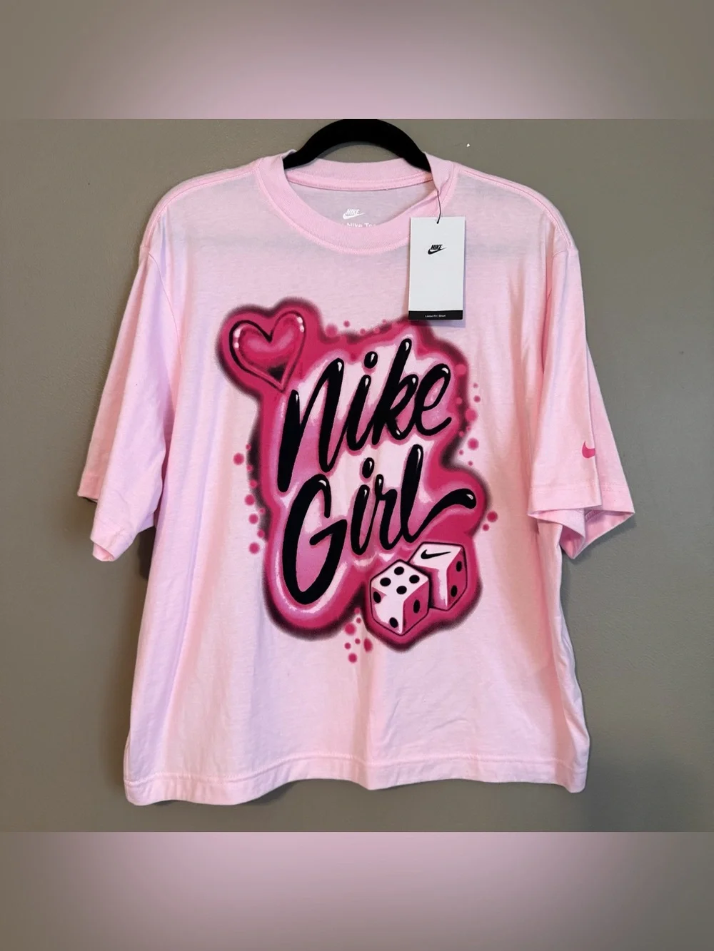 Nike Essentials Pink Airbrushed “Nike Girl” Graphic Boxy Fit Tshirt Medium NWT