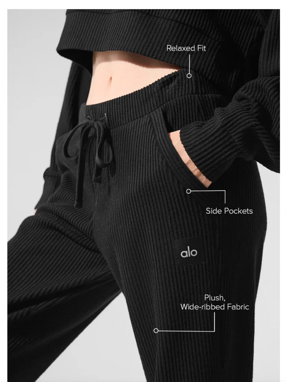 ALO Yoga Black Ribbed Drawstring Joggers