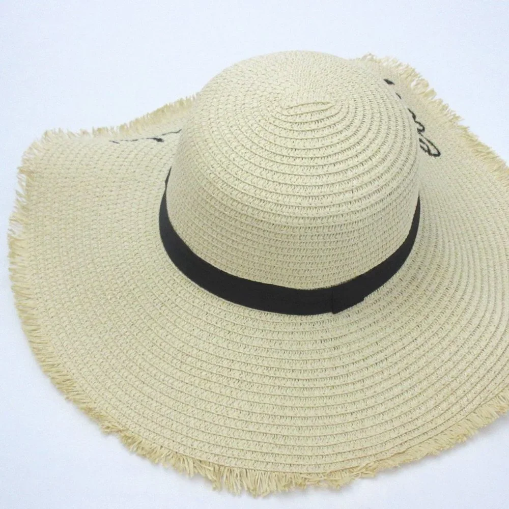 Eat Sleep Beach Embroidered Wide Brim Straw Sun Hat Frayed Beige Collapsible NEW