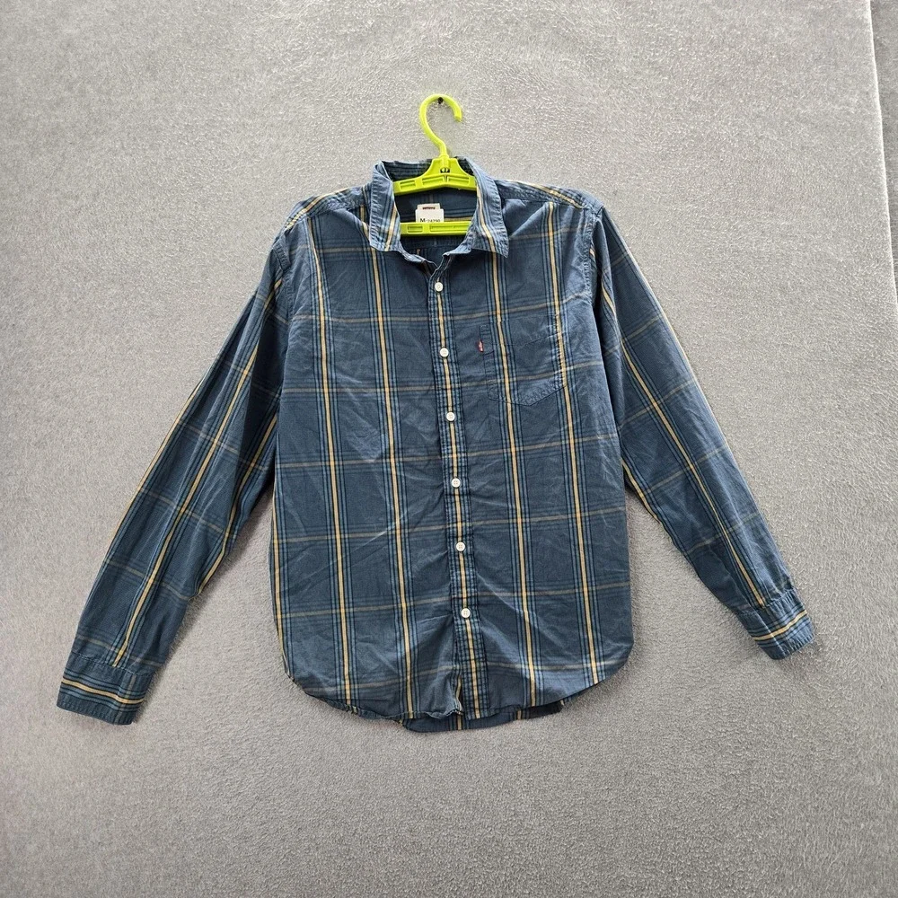 Levi's‎ Men Button Up Shirt L Blue Plaid Casual Standard Long Sleeve Logo