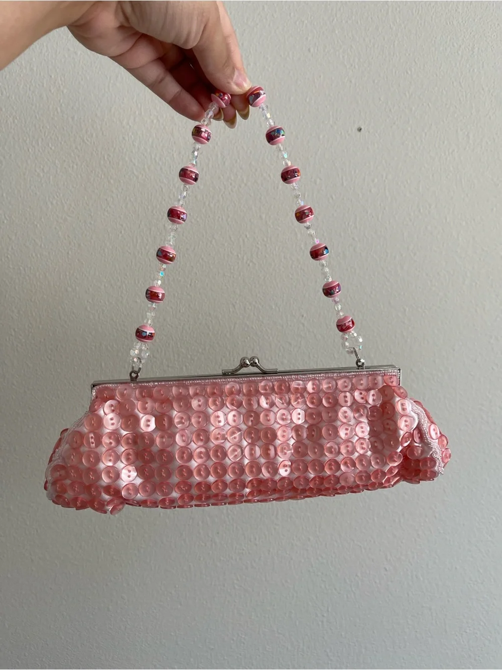 Pink Sequin Beaded Handle Evening Clutch