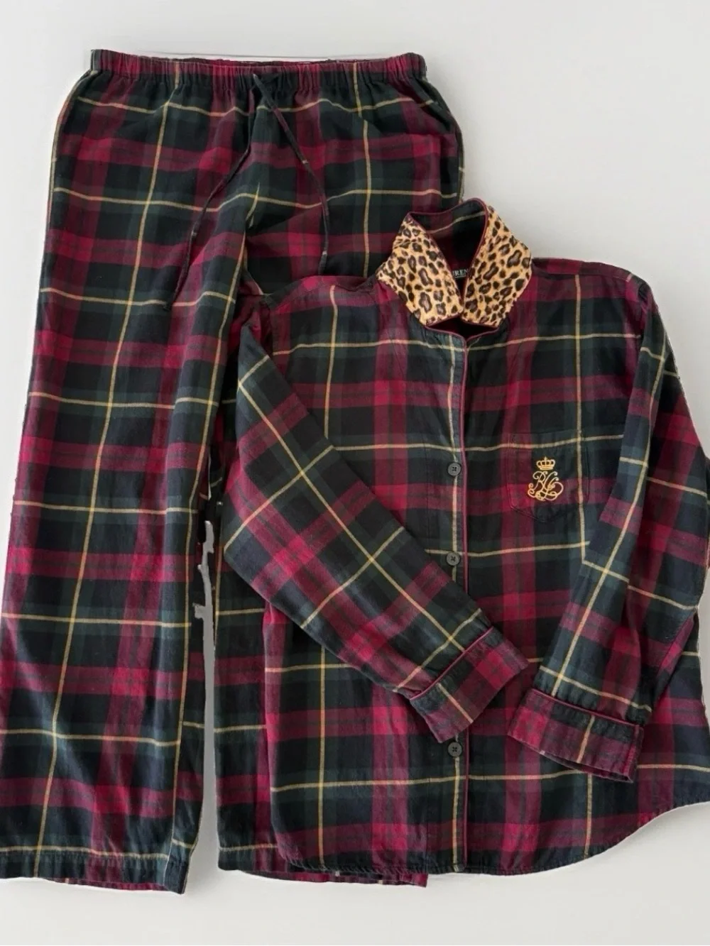 LAUREN Ralph Lauren Tartan Plaid Logo Flannel Leopard Collar Pajama Set Women XL